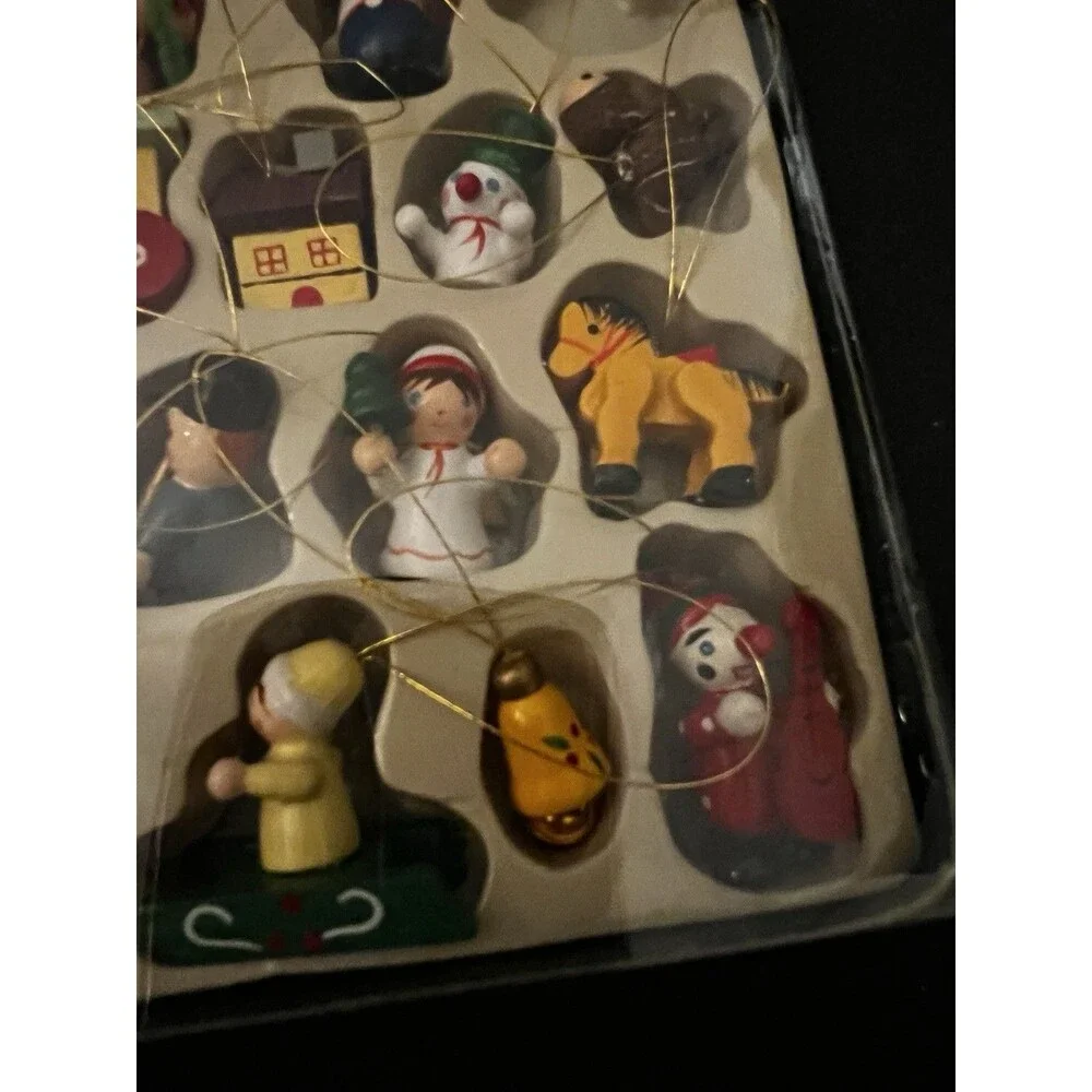 23 mini tiny vintage wood wooden christmas ornaments in box